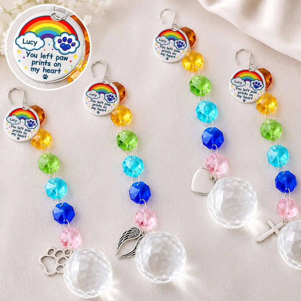 Christmas,Sympathetic,Pet Lovers,Memorial,Custom Text - Memorial Dog Cat Pet You Left Paw Prints On My Heart - Personalized Crystal Suncatcher With Charm