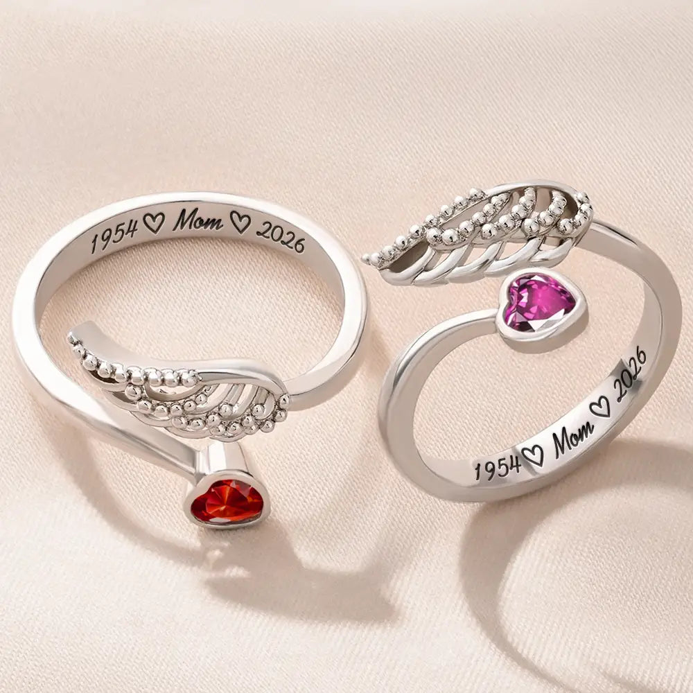Memorial, Sad, Family - Memorial Family Mom Dad With Name & Year - Personalized Wing And Heart Birthstone Ring