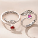 Memorial, Sad, Family - Memorial Family Mom Dad With Name & Year - Personalized Wing And Heart Birthstone Ring