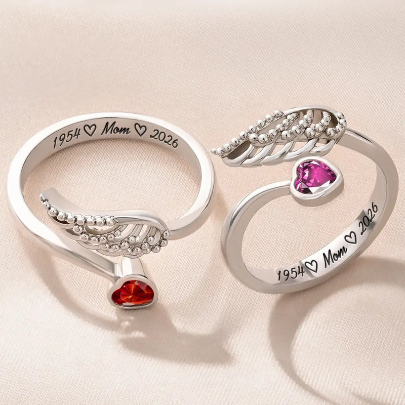 Memorial, Sad, Family - Memorial Family Mom Dad With Name & Year - Personalized Wing And Heart Birthstone Ring