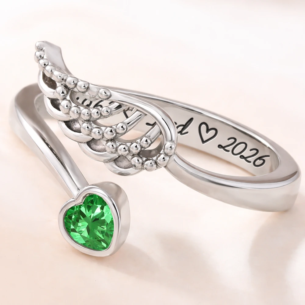 Memorial, Sad, Family - Memorial Family Mom Dad With Name & Year - Personalized Wing And Heart Birthstone Ring