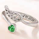 Memorial, Sad, Family - Memorial Family Mom Dad With Name & Year - Personalized Wing And Heart Birthstone Ring