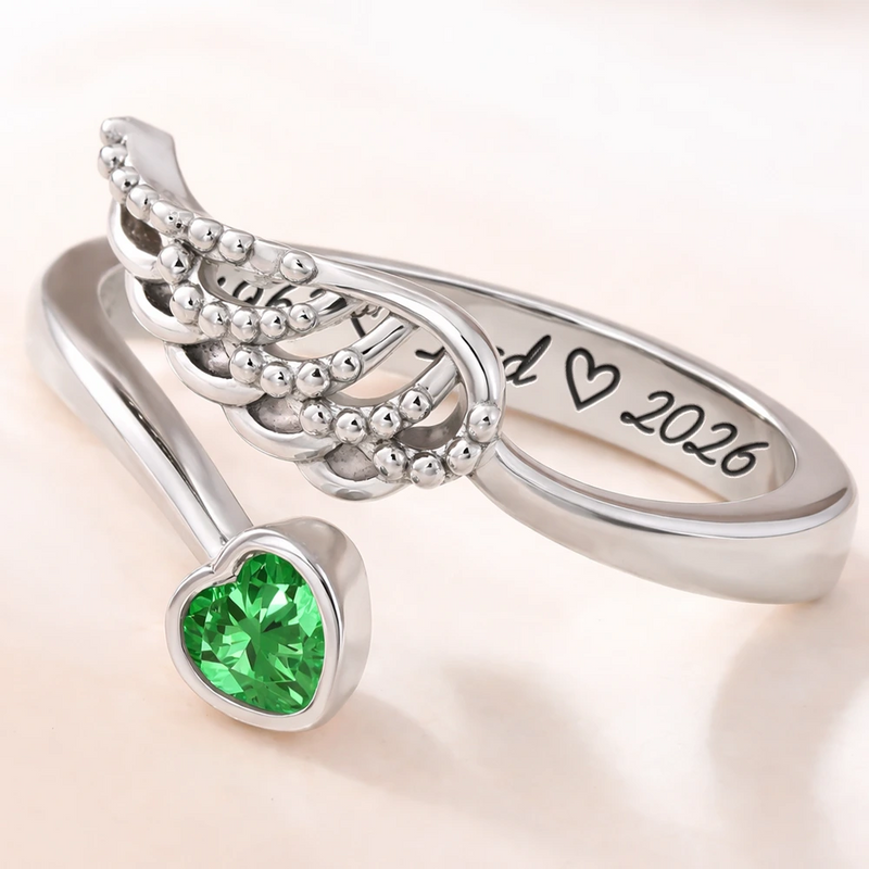 Memorial, Sad, Family - Memorial Family Mom Dad With Name & Year - Personalized Wing And Heart Birthstone Ring