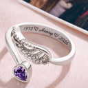 Memorial, Sad, Family - Memorial Family Mom Dad With Name & Year - Personalized Wing And Heart Birthstone Ring