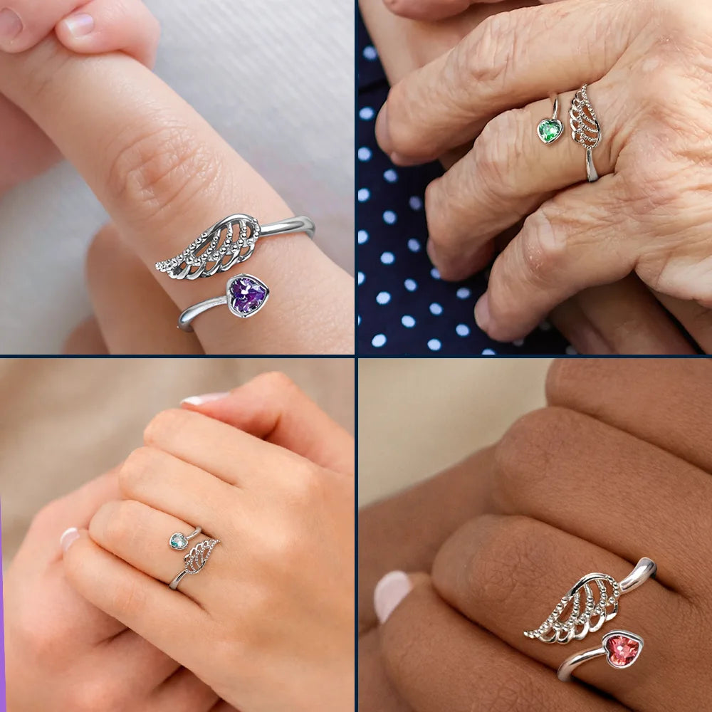 Memorial, Sad, Family - Memorial Family Mom Dad With Name & Year - Personalized Wing And Heart Birthstone Ring