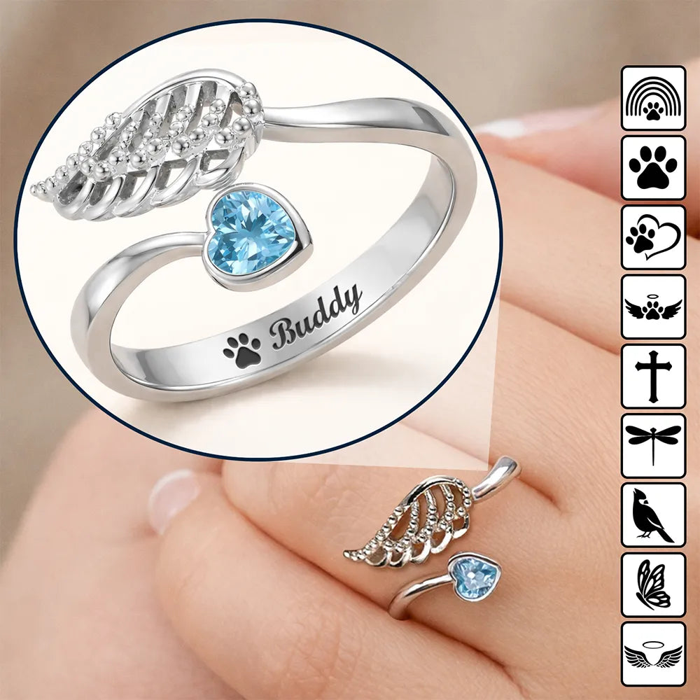 Memorial Your Loved One Family Loss Pet Loss - Personalized Wing And Heart Birthstone Ring