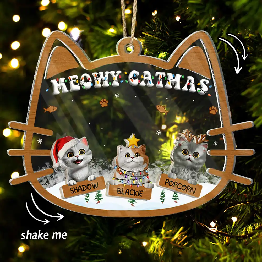 Pet Lovers,Pet Mom,Pet Dad,Cat Lovers,Cat Mom,Cat Dad,Christmas,Happy - Meowy Catmas - Personalized 3-Layered Acrylic Shaker Ornament