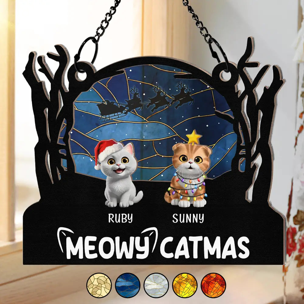 Christmas, Cat Lovers, Dog Lovers, Pet Lovers, Happy - Meowy Catmas Christmas Pet Lovers - Personalized Window Hanging Suncatcher Ornament