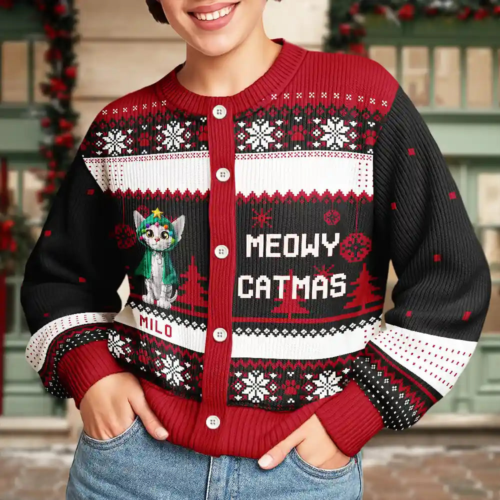 Cat Lovers,Cat Mom,Funny,Christmas - Meowy Catmas Funny 3D Effect Cats - Personalized Cardigan