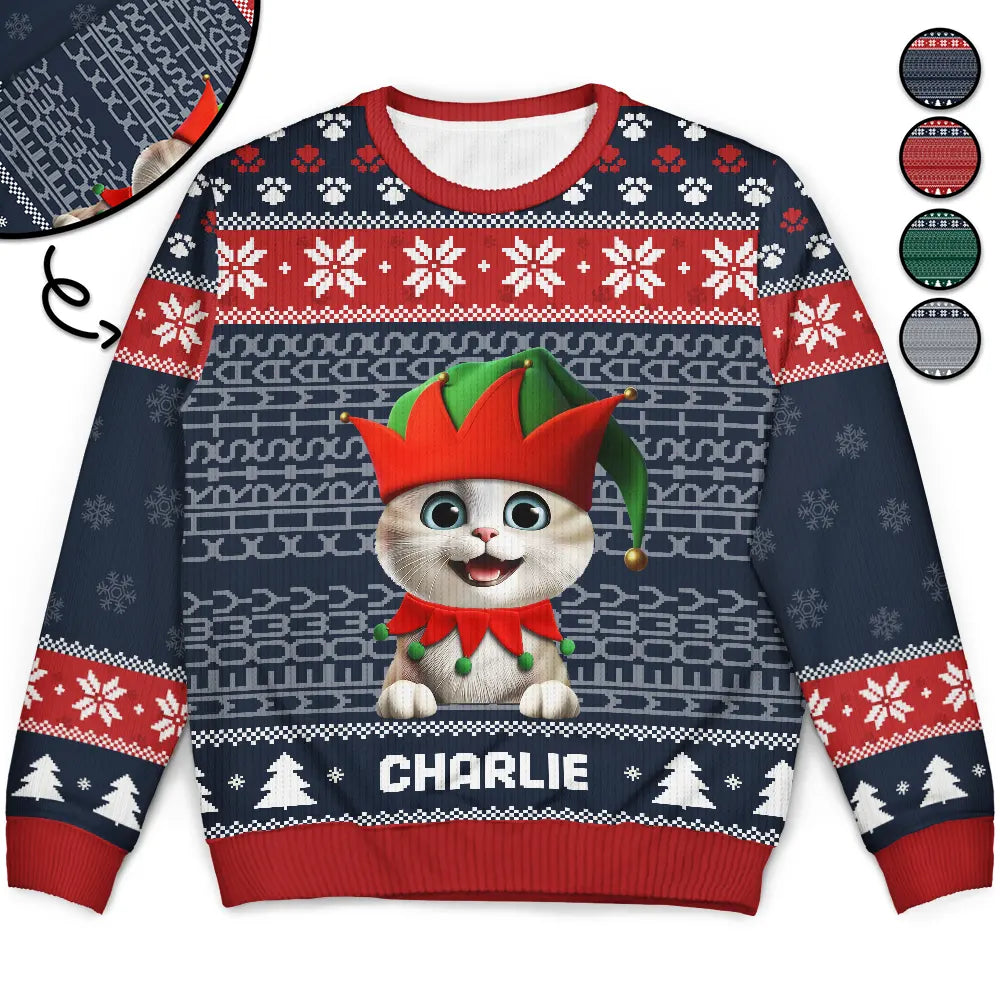 Pet Lovers, Pet Mom, Pet Dad, Cat Lovers, Cat Mom, Cat Dad, Happy, Christmas - Meowy Christmas Hidden Message - Personalized Unisex Ugly Sweater