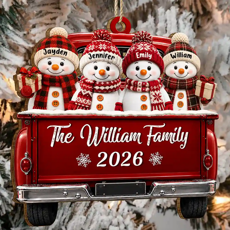 Christmas,Family,Icon,Happy - Merry Christmas Happy Snowman Family - Personalized Custom Shaped Wooden Ornament