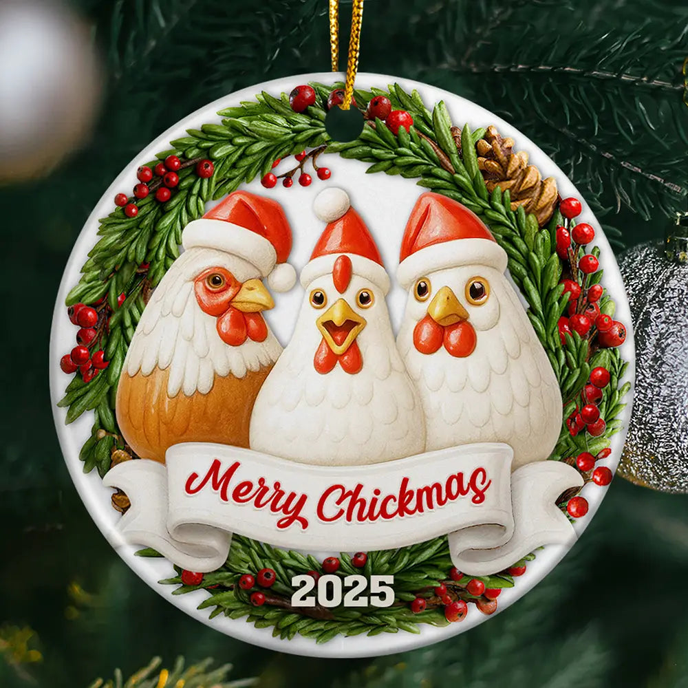 Merry Cluckin' Christmas 3D Effect - Personalized Circle Ceramic Ornament