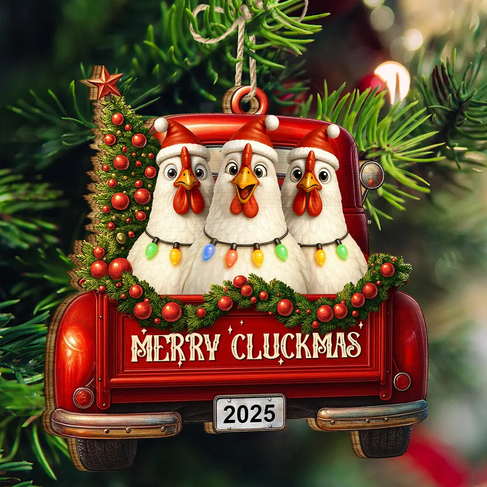 Merry Cluckmas Red Truck - Personalized Custom Shaped Wooden Ornament