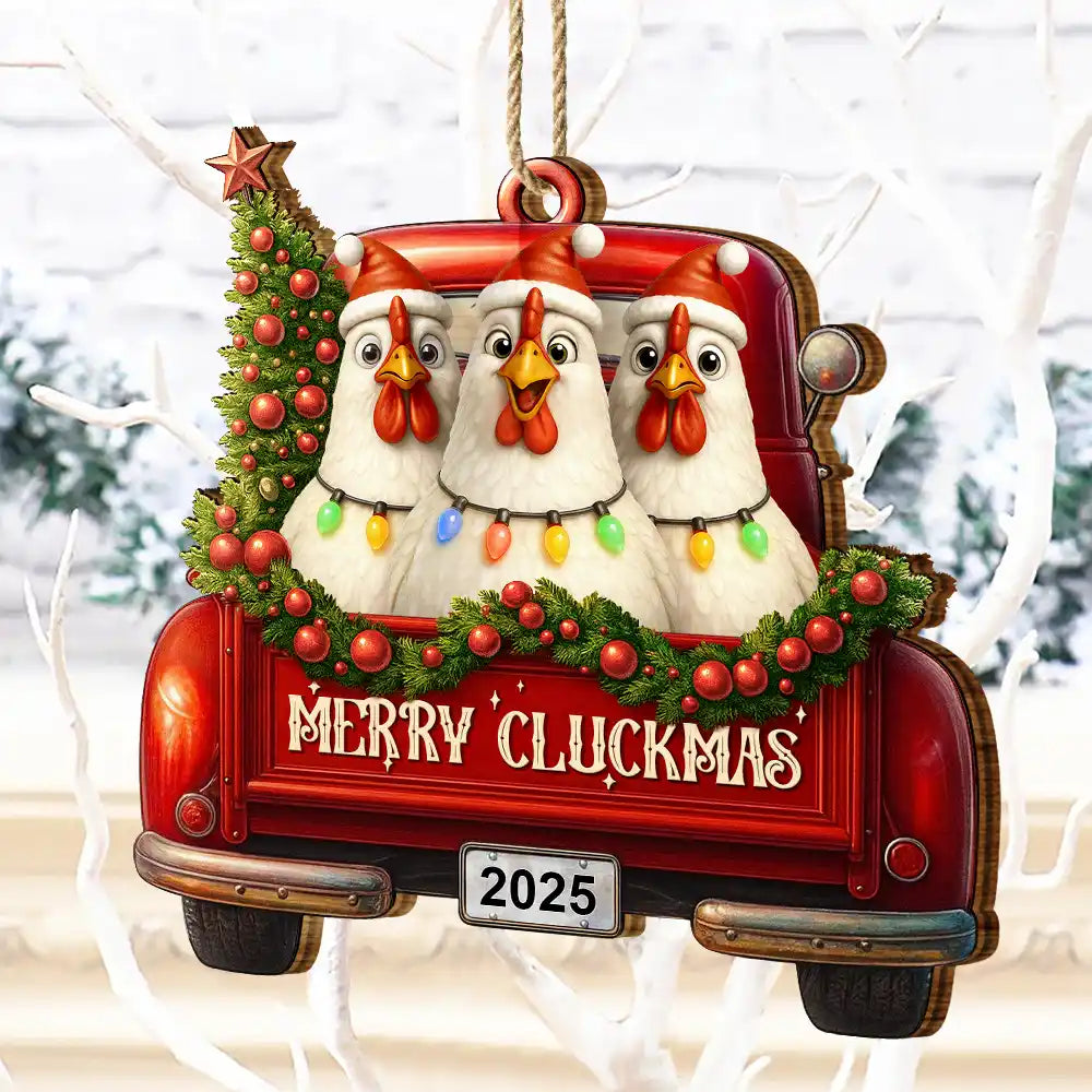 Farm, Gift For Yourself, Gift For Women, Gift For Men, Happy, Christmas - Merry Cluckmas Red Truck - Personalized Custom Shaped Wooden Ornament