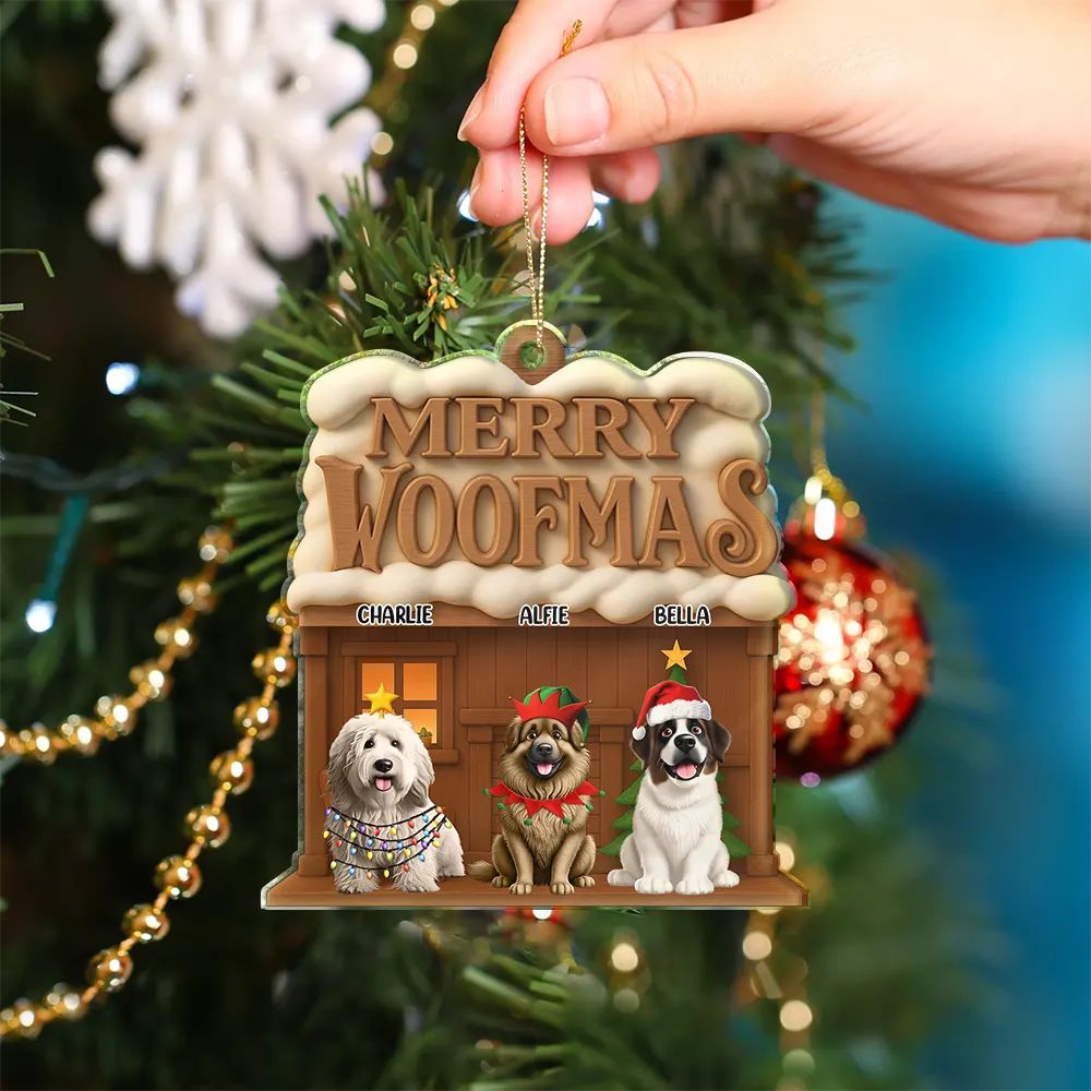 Happy,Christmas,Pet Lovers - Merry Woofmas 3D Effect - Personalized Custom Shaped Acrylic Ornament