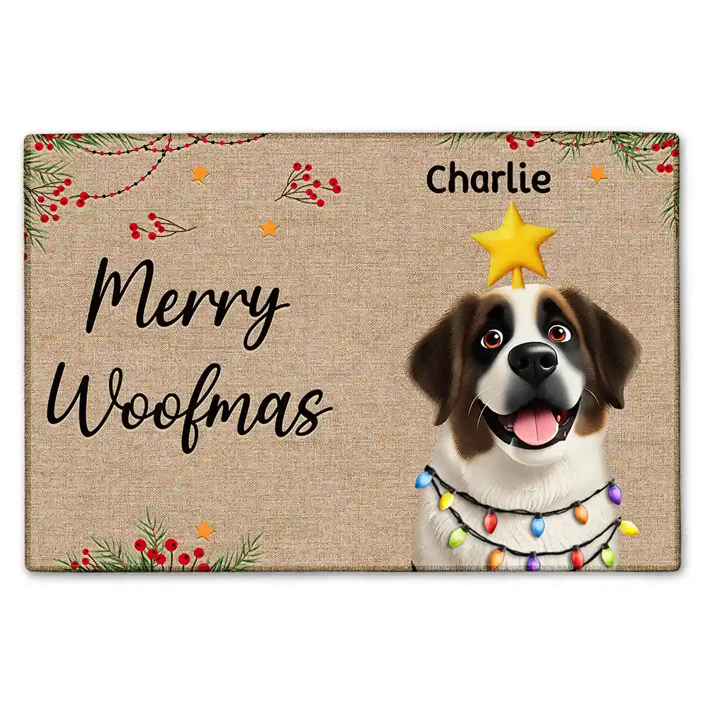 Pet Lovers, Pet Mom, Pet Dad, Dog Lovers, Dog Mom, Dog Dad, Happy, Christmas - Merry Woofmas Christmas 3D Effect Dog - Personalized Doormat