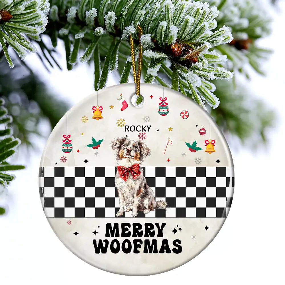 Funny, Christmas, Dog Lovers - Merry Woofmas Vintage Dog - Personalized Circle Ceramic Ornament