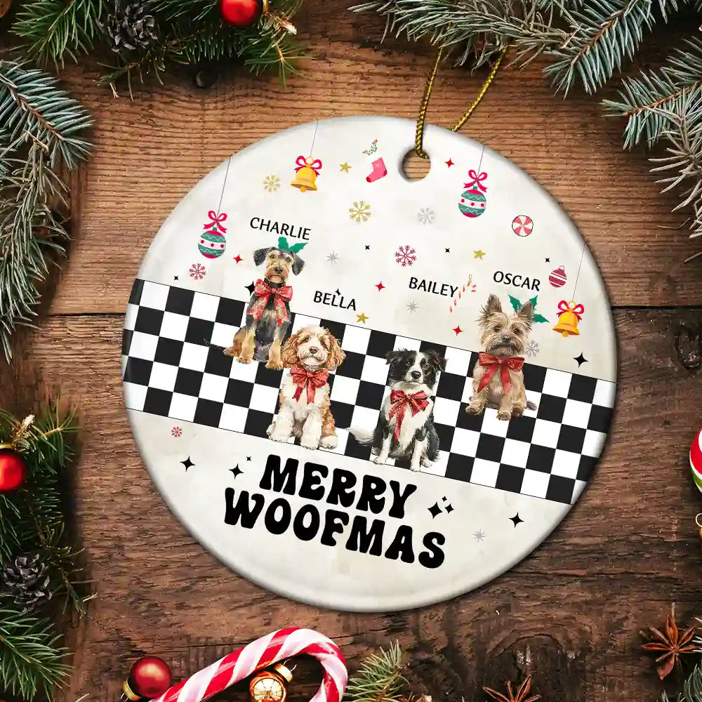 Funny, Christmas, Dog Lovers - Merry Woofmas Vintage Dog - Personalized Circle Ceramic Ornament