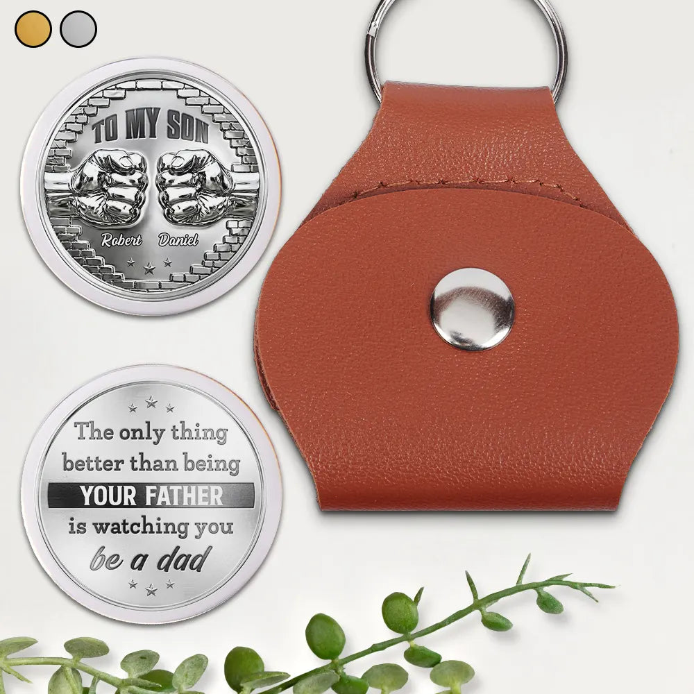 Metal Effect Watching You Be A Dad - Personalized Leather Pocket Hug