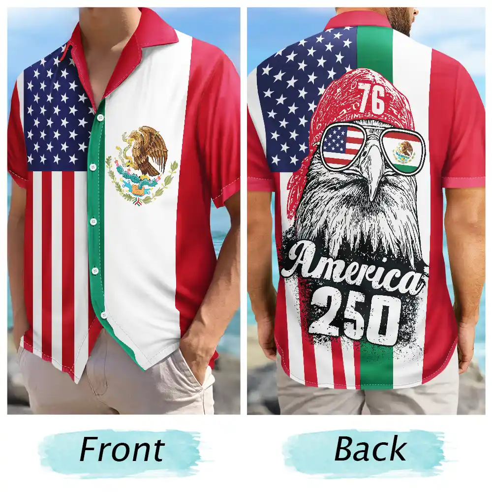 No Custom,America 250th,Independence Day - Mexican American Flag 1776 Eagle America 250th - Hawaiian Shirt