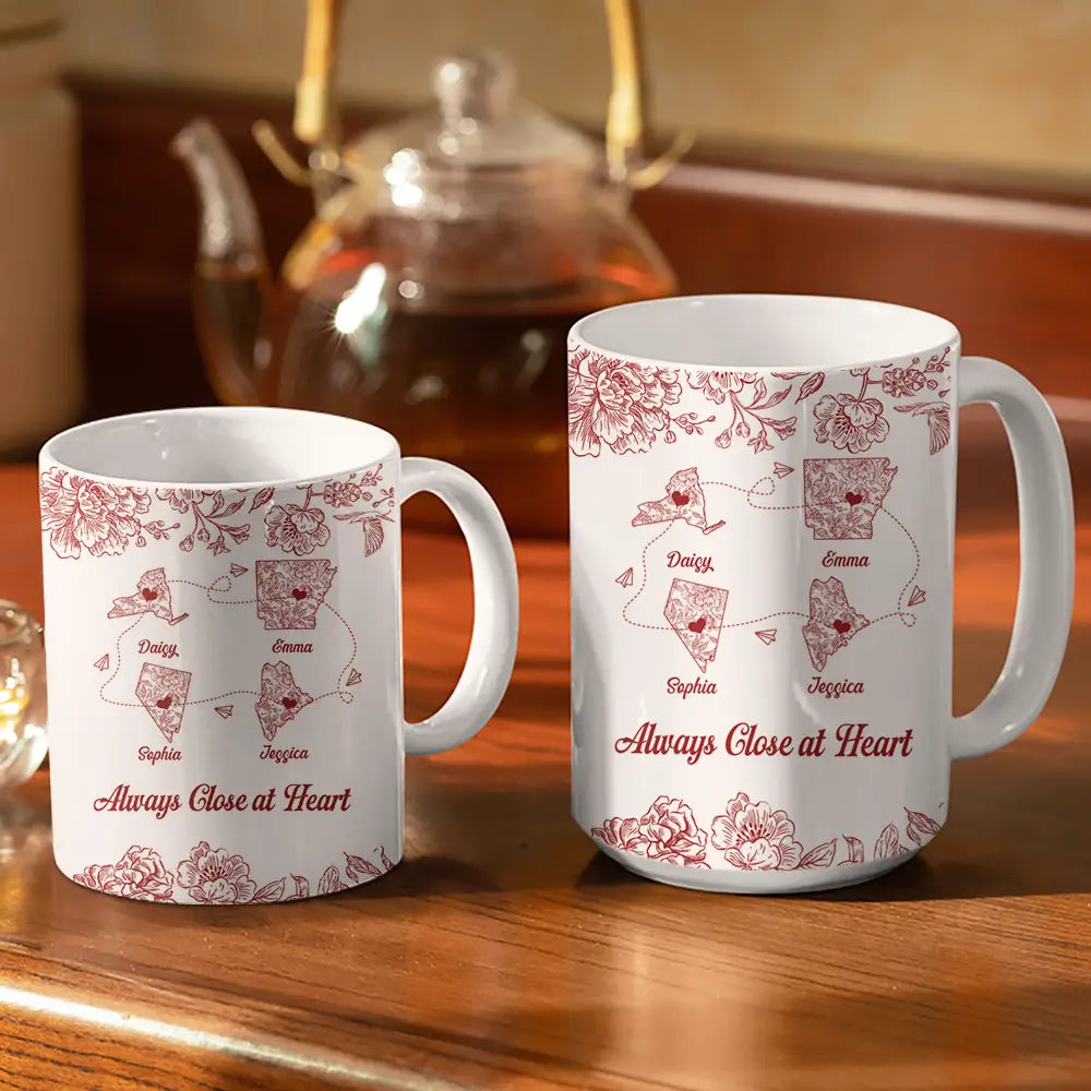 Long Distance,Gift For Bestie,Gift For Sisters,Gift For Mother,Gift For Daughter,Love - Miles Apart But Close At Heart Toile Pattern - Personalized White Edge-to-Edge Mug