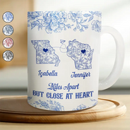 Long Distance,Gift For Bestie,Gift For Sisters,Gift For Mother,Gift For Daughter,Love - Miles Apart But Close At Heart Toile Pattern - Personalized White Edge-to-Edge Mug
