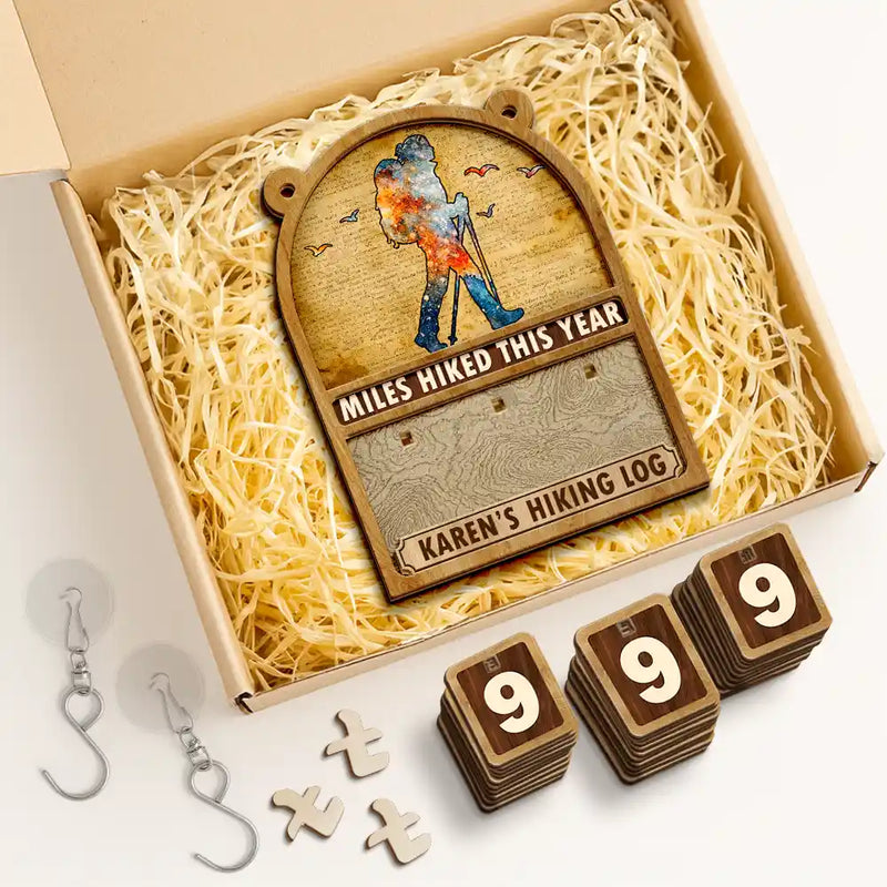 Happy,Gift For Yourself,Gift For Men,Gift For Women - Miles Hike This Year - Personalized Hanging Tracker Sign