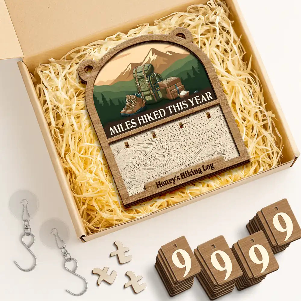 Gift For Yourself, Gift For Women, Gift For Men, Happy - Miles Hiked This Year - Personalized Hanging Tracker Sign