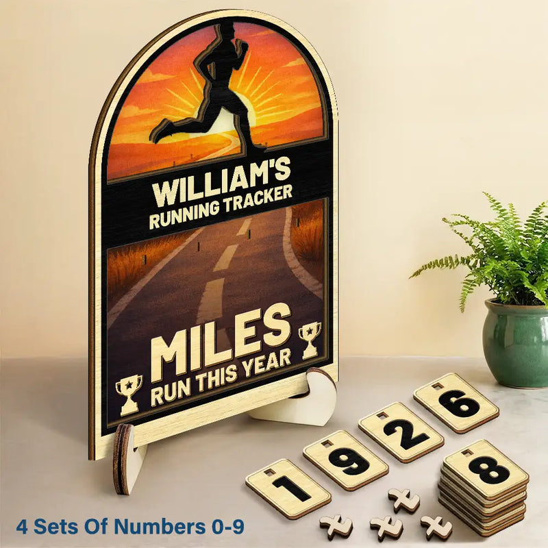 Gift For Yourself,Gift For Men,Gift For Women,Happy - Miles Run This Year - Personalized 2-Layered Wooden Tracker Sign