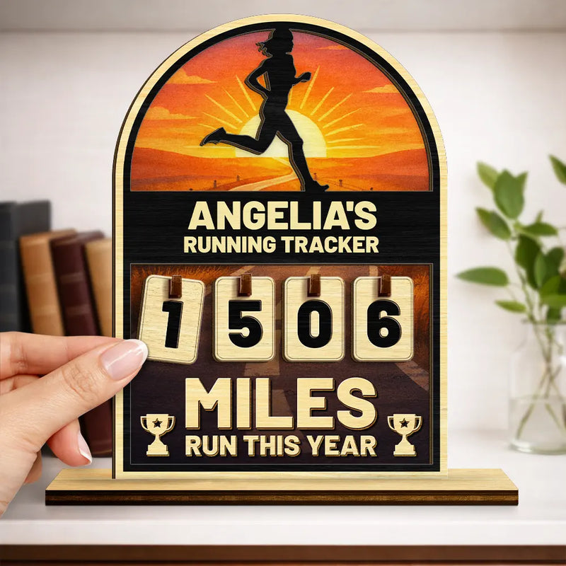 Gift For Yourself,Gift For Men,Gift For Women,Happy - Miles Run This Year - Personalized 2-Layered Wooden Tracker Sign