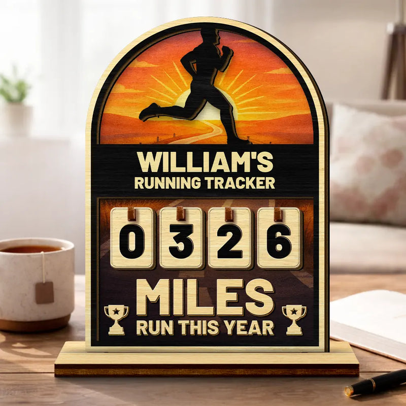Gift For Yourself,Gift For Men,Gift For Women,Happy - Miles Run This Year - Personalized 2-Layered Wooden Tracker Sign