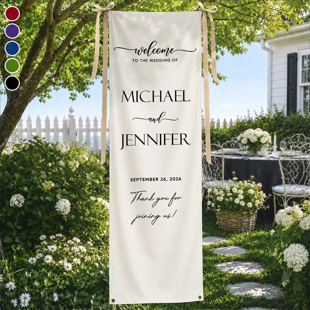 Top Market, Romantic, Gift For Couples, Wedding, Custom Text - Minimalist Welcome To The Wedding Of Us - Personalized Vertical Banner