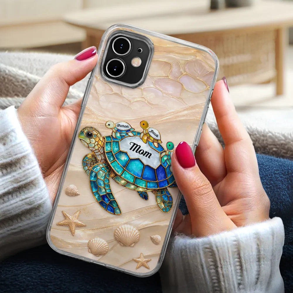 Gift For Grandma,Grandma - Grandkids,Grandma's Hobby,Happy - Turtle Stained Glass Mom Grandma - Personalized Clear Phone Case
