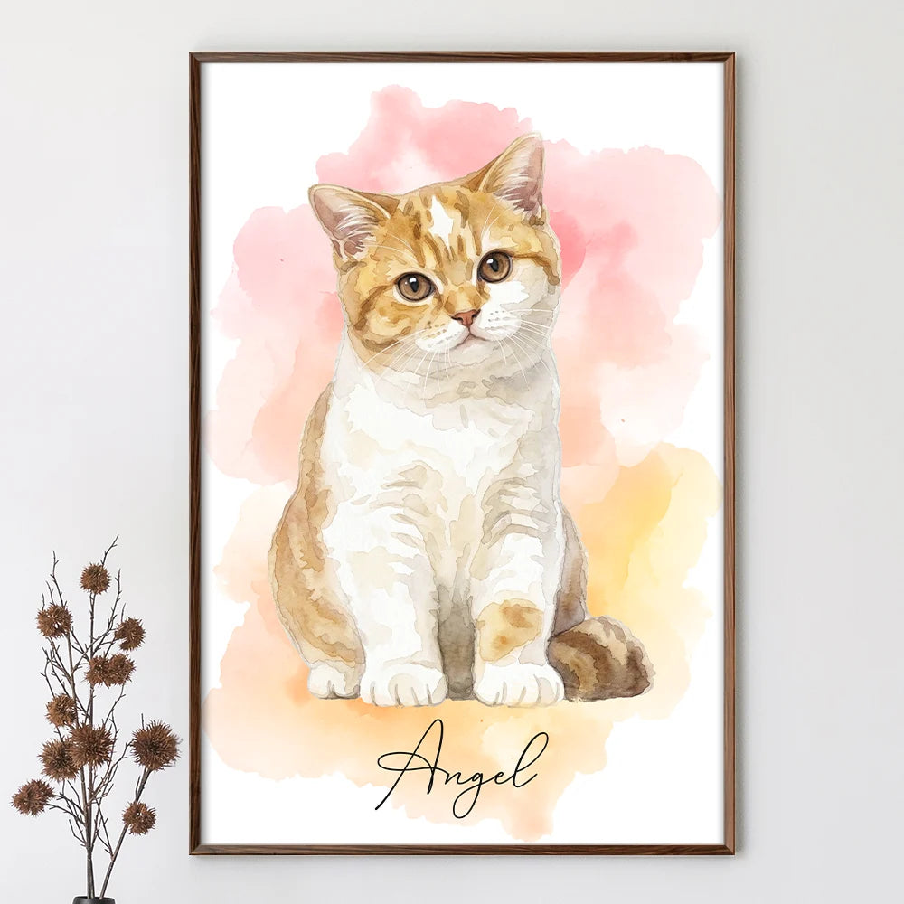 Happy,Dog Lovers,Pet Lovers,Cat Lovers - Custom Photo Realistic Watercolor Art Portrait Cat Dog Pet - Personalized Poster