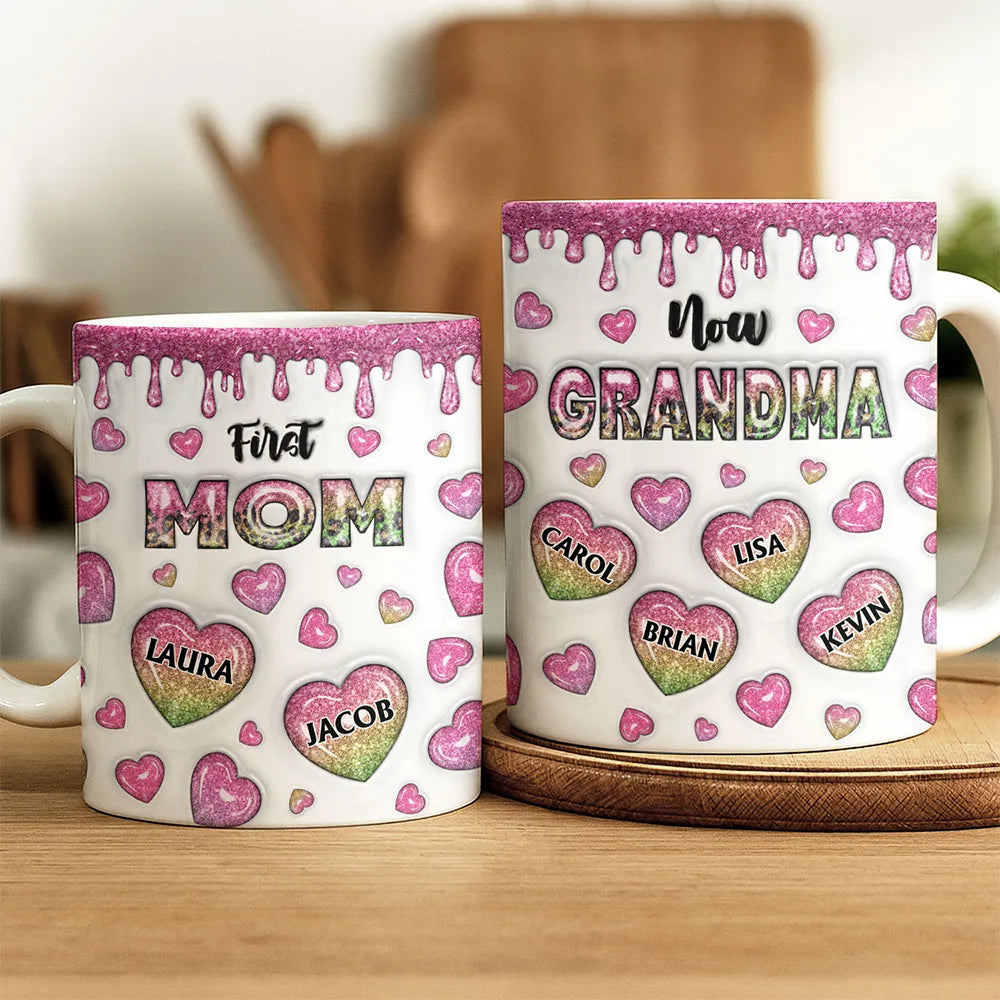 First Mom Now Grandma Heart Icon, 3D Inflated Effect Printed - Personalized White Edge-to-Edge Mug