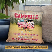Camping Flamingo Bestie Welcome To Our Campsite Custom Pillow, Personalized Camping Gift