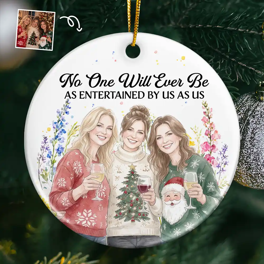 Afro Besties,Art Design,Christmas,Custom Photo,Gift For Bestie,Photo - Vivid Watercolor Art,Sentimental,Top Market - Christmas Gift For Best Friend - Personalized Custom Photo Watercolor Floral Circle Ceramic Ornament