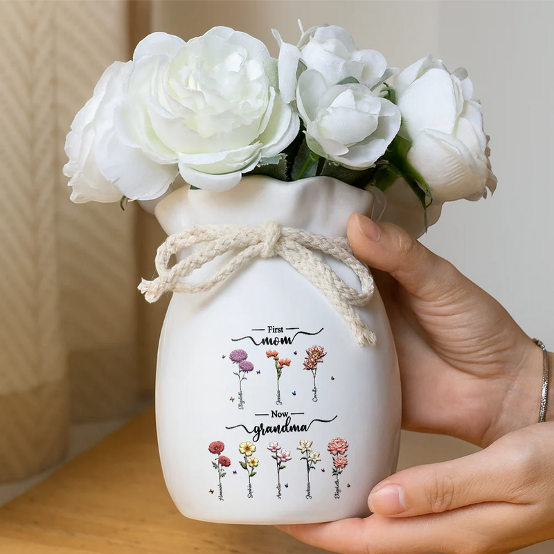 Gift For Grandma,Gift For Mother,Gift For Women,Happy - Birth Month Flowers First Mom Now Grandma - Personalized Ribbon Tie Flower Vase