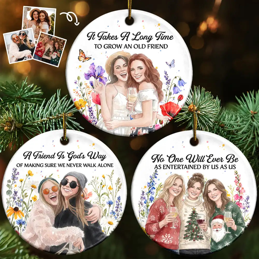 Afro Besties,Art Design,Christmas,Custom Photo,Gift For Bestie,Photo - Vivid Watercolor Art,Sentimental,Top Market - Christmas Gift For Best Friend - Personalized Custom Photo Watercolor Floral Circle Ceramic Ornament