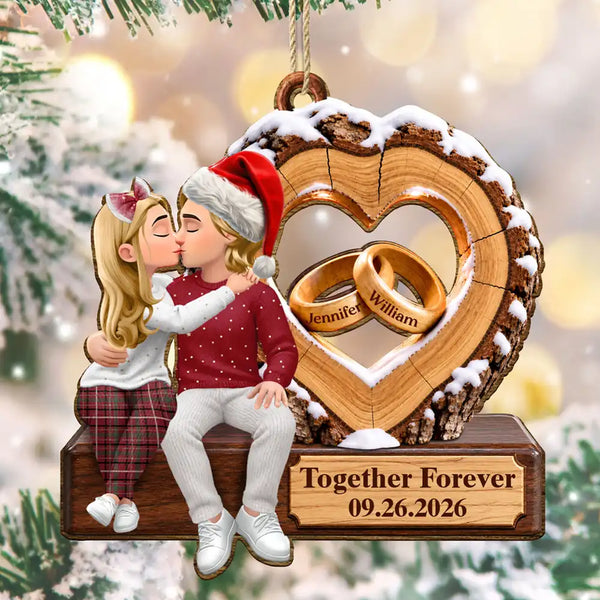 Anniversary,Christmas,Gift For Couples,Old Couples,Romantic,Vector - Anniversary Couple Gift - Personalized Romantic Kissing Together Forever Wooden Ornament