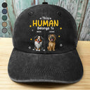 Pet Lovers, Pet Mom, Pet Dad, Happy - This Human Belongs To Pet Mom Pet Dad - Personalized Vintage Washed Denim Cap