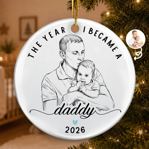 Art Design,Christmas,Custom Photo,First Christmas,Gift For Father,Gifts For Him,Happy,New Baby,New Dad,Photo - Pencil Sketch - Remove BG - Christmas Gift For New Dad - Personalized Custom Photo Pencil Sketch The Year I Became A Daddy Circle Ceramic Ornament