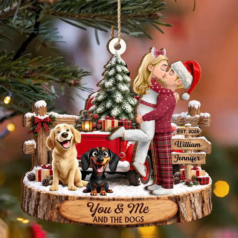 Christmas Gift For Couples With Dogs - Personalized 2-Layered Wooden Ornament