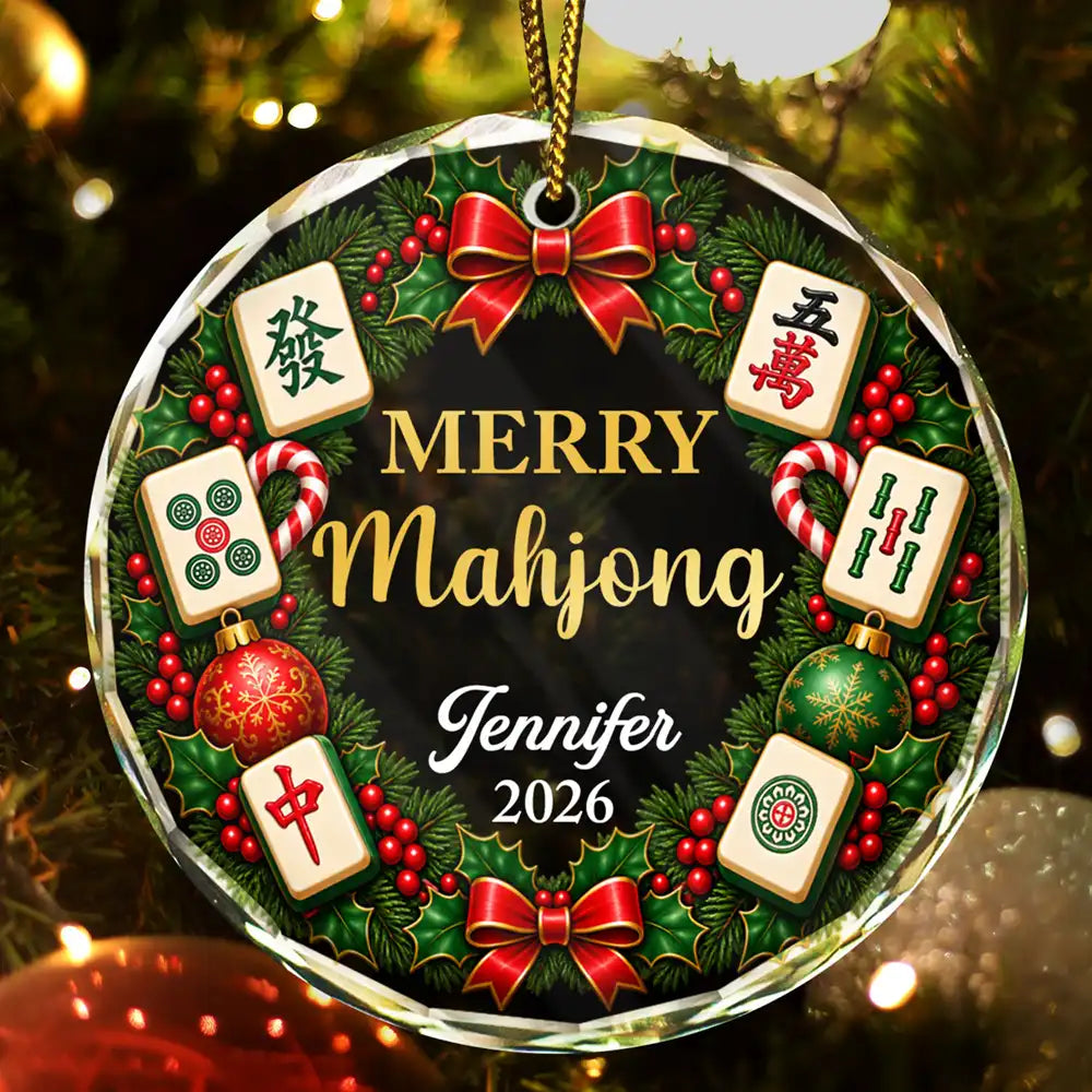 Christmas Gift For Mahjong Lovers - Personalized Merry Mahjong Circle Glass Ornament