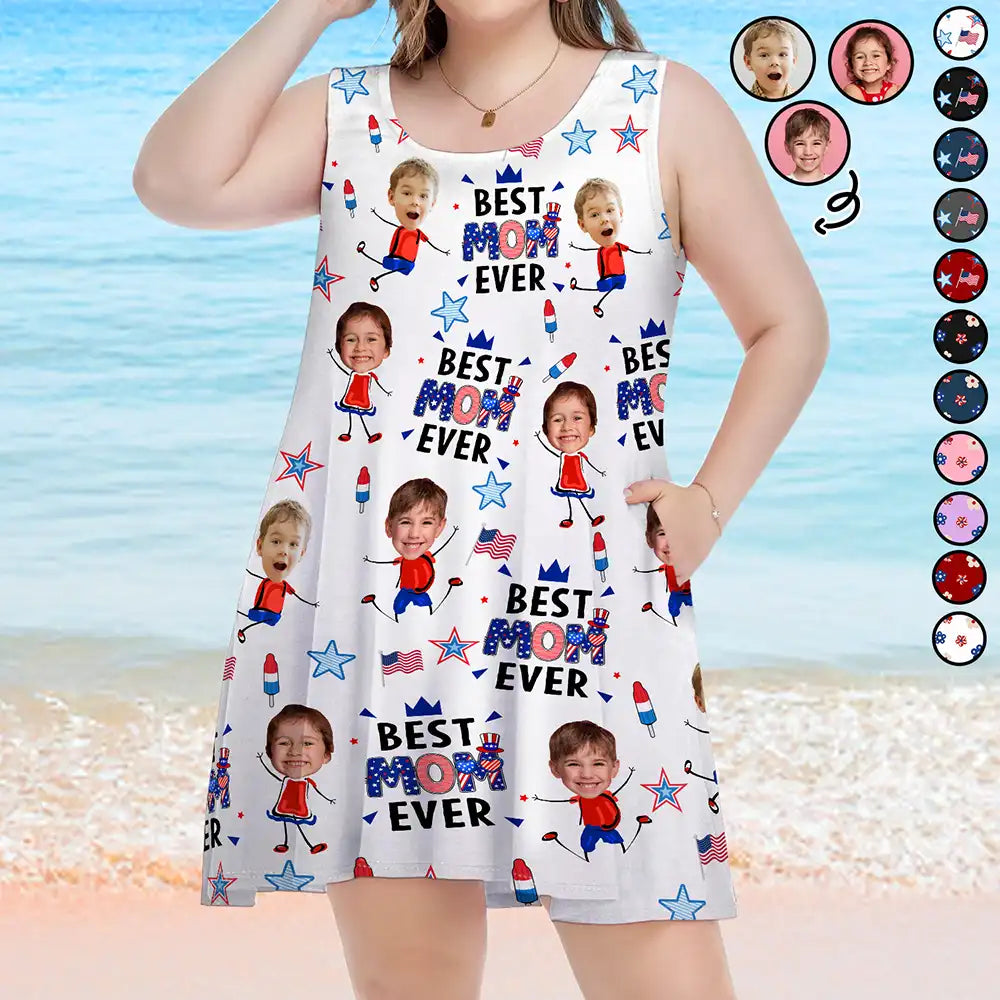 Gift For Mother,Gift For Grandma,Happy,Summer,Independence Day,Photo,Icon,Humorous - Custom Photo Stars & Stripes Best Mom Grandma Ever - Personalized Sleeveless Tank Dress