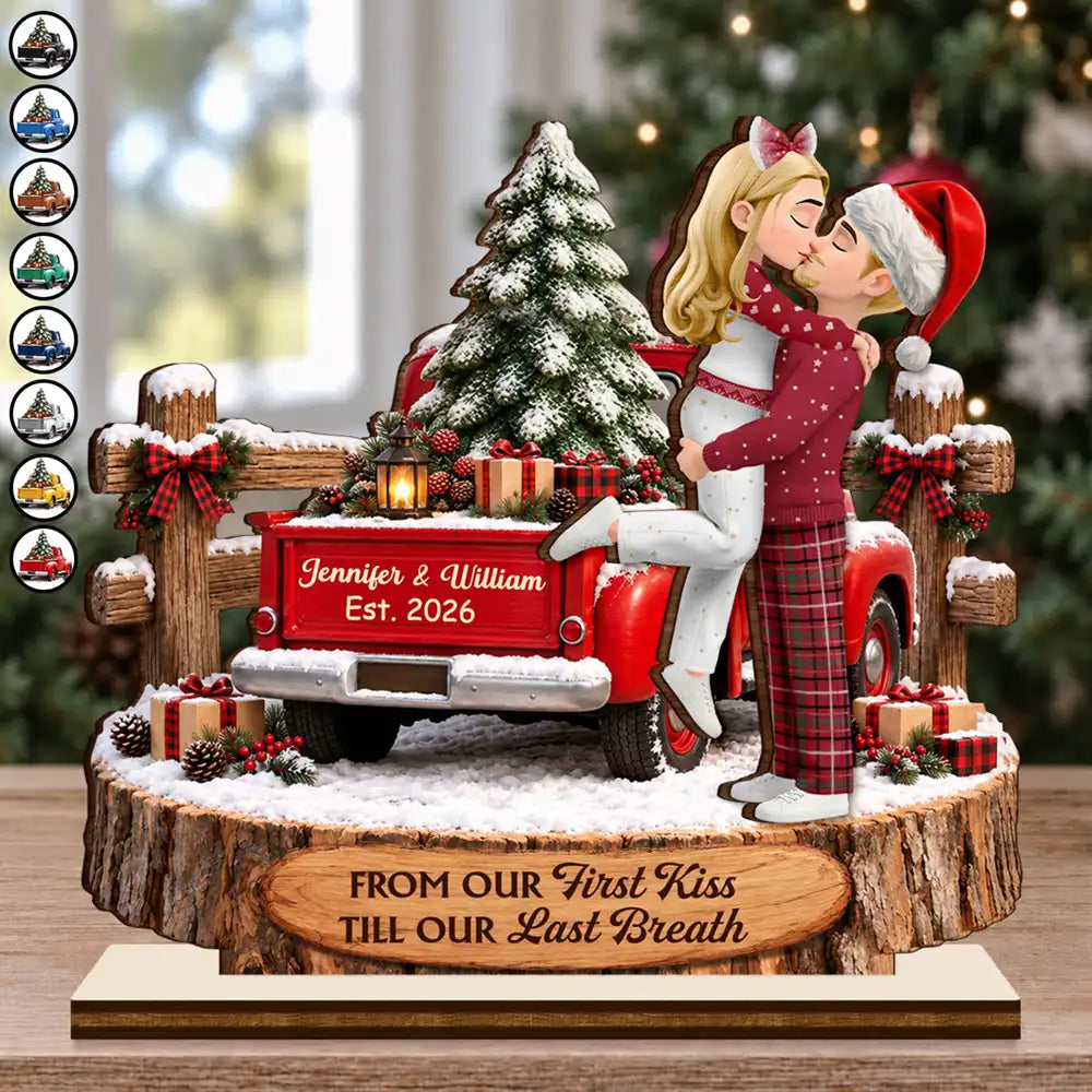 Christmas,Gift For Couples,Old Couples,Romantic,Vector - Farmhouse Romantic Gift For Couples - Personalized From Our First Kiss Wooden Plaque