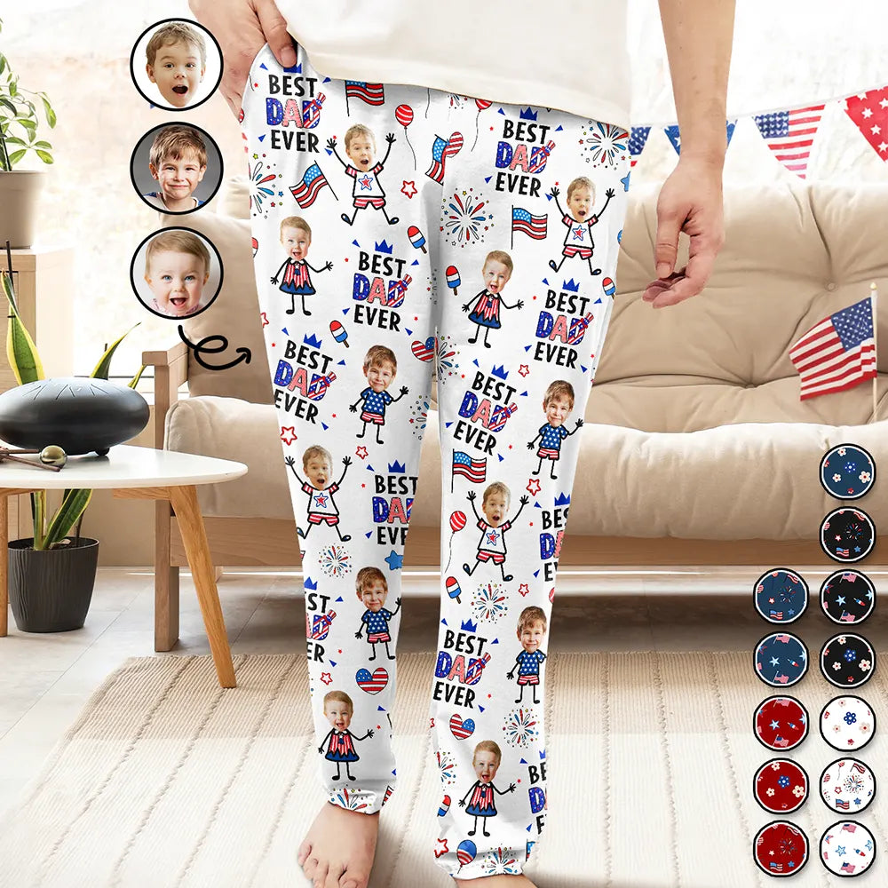 Custom Photo US Stick Figures Face Cut Best Dad Mom Mama Papa Ever - Personalized Pajama Pants