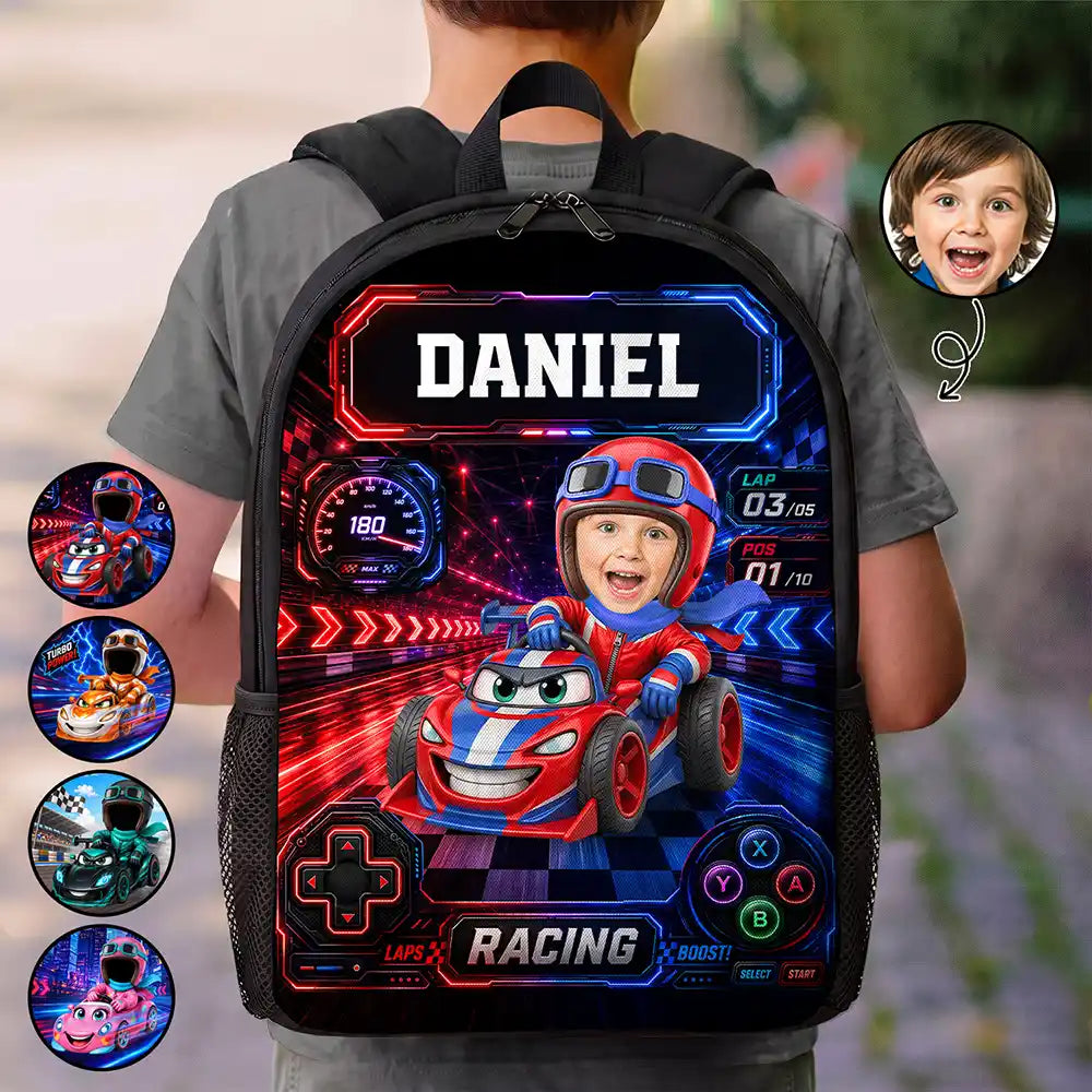 Adorable,Back To School,Custom Photo,Gift For Kids,Cut-Face Photo - Custom Photo Kid Car Racing - Personalized Kids Backpack