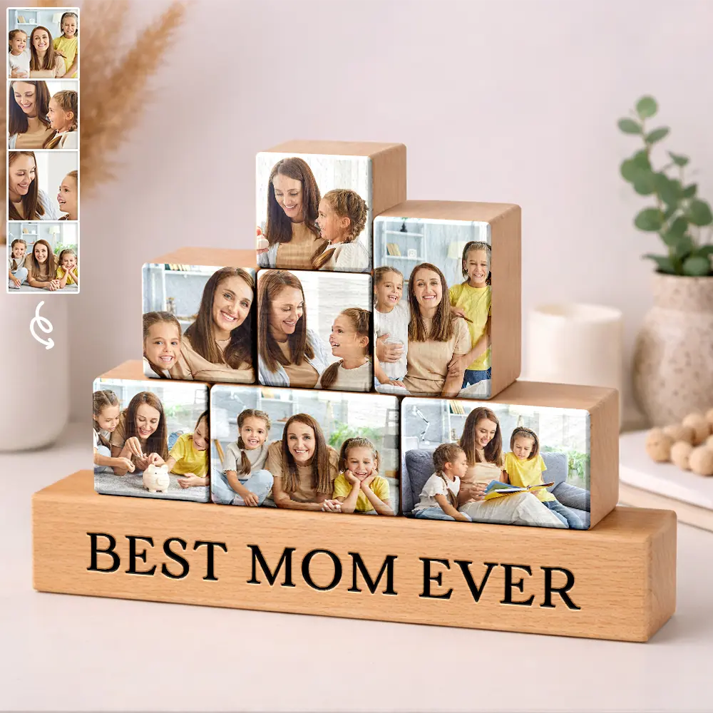 Mom - Daughters (Adult),Mom - Daughters (Young),Mom - Sons,Mom - Children,Gift For Mother - Custom Photo Best Mom Ever - Personalized Wooden Stacking Photo Blocks