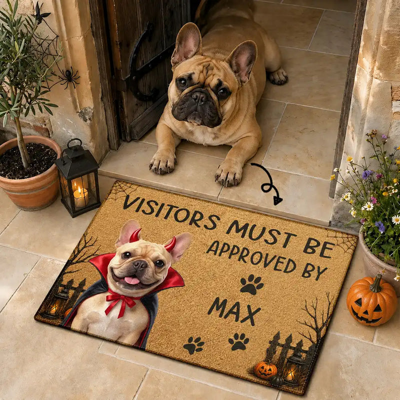 Art Design,Playful,Halloween,Pet Lovers,Photo - Halloween Theme Accessories 3D Cartoon - Custom Photo 3D Halloween Themed Pet All Visitors Must Be Approved By - Personalized Doormat